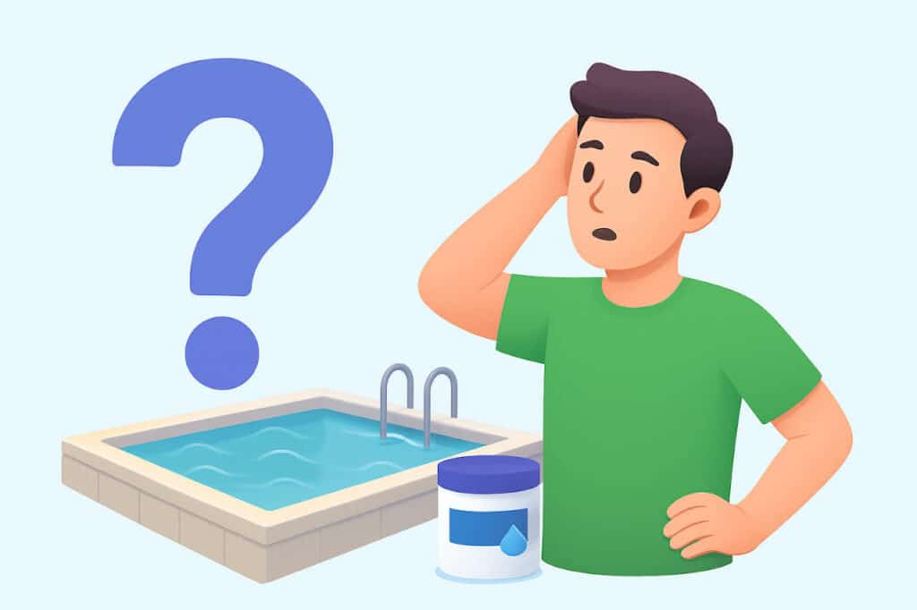 Propriétaire de piscine privée intrigué devant bassin bleu clair, symbolisant les fausses idées reçues sur l’entretien piscine